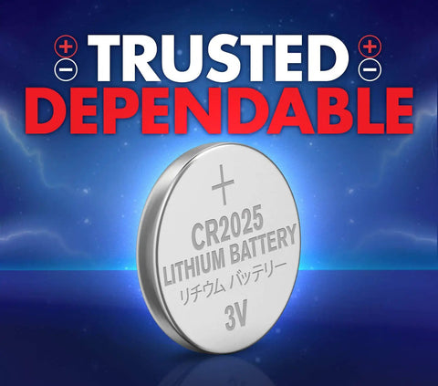 Hella Durable Cr2025 Batteries 24 Count Lithium 3V Coin Cell Button Pack showing a single battery angled with label details.