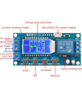Front view of Time Delay Timer Relay With LCD Display for 5V 12V 24V Systems showing micro USB input and adjustable control buttons.