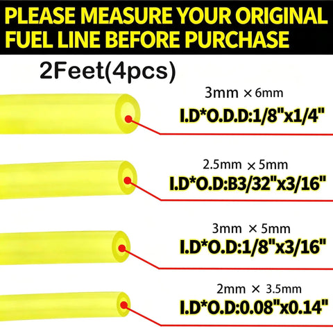 Four Size Fuel Line Hose Kit For Small Engines Includes 0.08x0.14 In, 3/32x3/16 In, 1/8x3/16 In, 1/8x1/4 In, Two Feet Each Replacement Fuel Lines