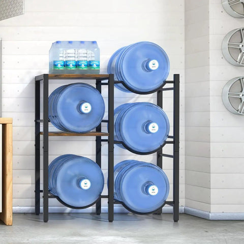 Heavy Duty Water Jug Rack With Shelf For Bottles, Space Saving Dispenser Storage Organizer, holds large water jugs in garage