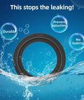 RV Toilet Flush Ball Seal Replacement Kit For Dometic 300, 310, And 320 Toilets, 4 Inch Outer Diameter, 2.6 Inch Inner Diameter, 2 Pack, Equivalent To Part 385311658, Durable Rubber Gasket Replacement. black rubber seal shown with water and leak-stop text