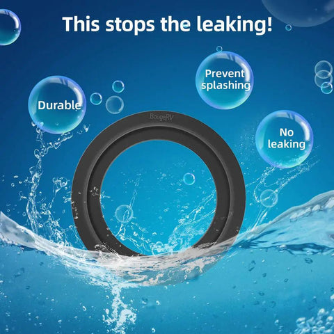 RV Toilet Flush Ball Seal Replacement Kit For Dometic 300, 310, And 320 Toilets, 4 Inch Outer Diameter, 2.6 Inch Inner Diameter, 2 Pack, Equivalent To Part 385311658, Durable Rubber Gasket Replacement. black rubber seal shown with water and leak-stop text