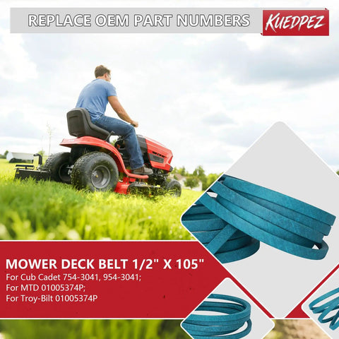Heavy Duty One Half Inch By One Hundred Five Inch Deck Belt With Aramid Rope Reinforced Cover For Lawn Mowers shown in use and details