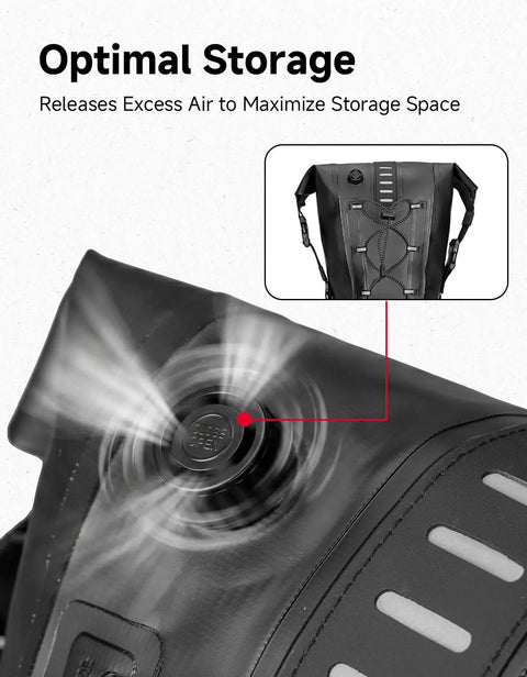 Expandable 13L-15L Waterproof Bikepacking Saddle Bag with air valve compression and roll-top closure for optimal storage.