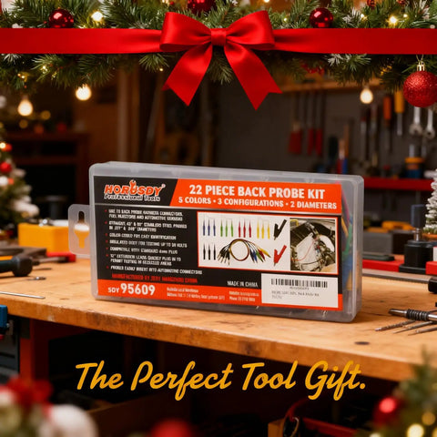 22 Piece Back Probe Kit With Color Coded Silicone Wires For Multimeter, Circuit Diagnosis And Automotive Testing displayed on a workbench.