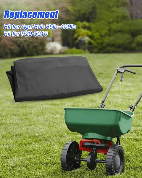 Waterproof Hopper Cover for P20-5010 Broadcast Fertilizer Spreader Fits 85Lb-100Lb displayed on lawn with spreader