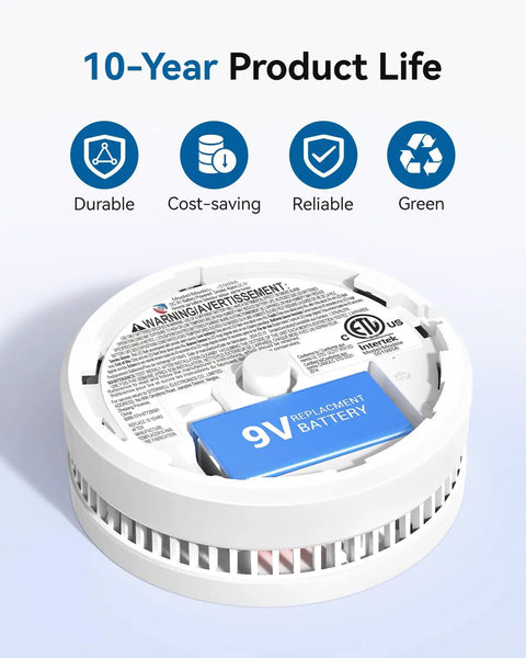 10 Year Lifespan Smoke Alarm With Photoelectric Sensor And Magnetic Mounting Kit Low Battery Warning UL217 Listed Home Fire Safety Sensor For House Easy Install No Battery Swaps For A Decade Keeps Your Home Protected; smoke alarm back view with 9V battery