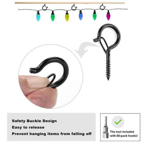 Close up of black hook from 60 Pack Ceiling Hooks For Hanging Plants And Outdoor String Lights Heavy Duty 2.2 Inch Eye Screw Cup Hooks.