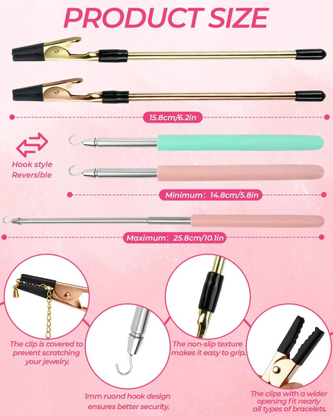 Bracelet Helper Tool Set With Retractable Hooks And Non Slip Clips For Necklace Jewelry And Watch, includes measurements