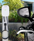 Beefy Level 2 EV Charger With 48 Amp Output And 11.6 kW Power, 18 Foot Cable, visible next to black car charging, outdoor setting