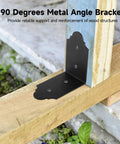 Beefed Up Heavy Duty 4 Pack Metal Angle Brackets 90 Degree L Brackets mounted on wooden beam corner for structure support.