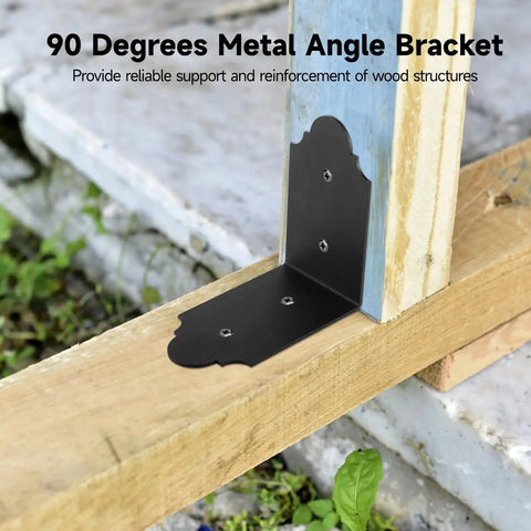 Beefed Up Heavy Duty 4 Pack Metal Angle Brackets 90 Degree L Brackets mounted on wooden beam corner for structure support.
