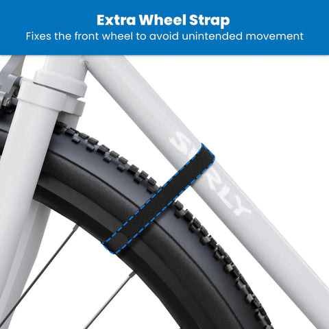 Bike Wall Mount Rack With Shelf And Hooks For Indoor Garage shown with extra wheel strap fixing front wheel to prevent movement.