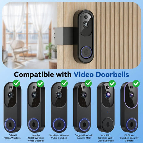 Anti Theft Video Doorbell Mount With No Drill Adjustable Bracket And Waterproof Cover, Keeps Sensor Clear, Apartment Door Camera Mount For Inward Swinging Doors, Compatible With Orbitell SnapGlow BITEPASS SearByte KyraNexo ElioVana, mounted on wood door
