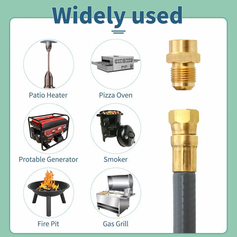 Diagram showing Heavy Duty 48 Ft Natural Gas Hose Extension Kit with appliances like patio heaters and pizza ovens.