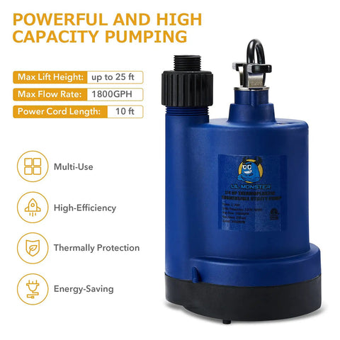 1/4 HP Submersible Water Pump Portable Thermoplastic Utility Pump for Easy Water Removal Perfect for Basements, Crawl Spaces, Rooftops, Window Wells, Ponds, Pools, and More Navy Blue shown with features and specs