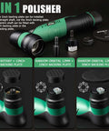 Cordless Car Buffer Polisher Kit With Dual Action And Rotary Modes, 1 inch and 3 inch heads, showing rotary and orbital modes