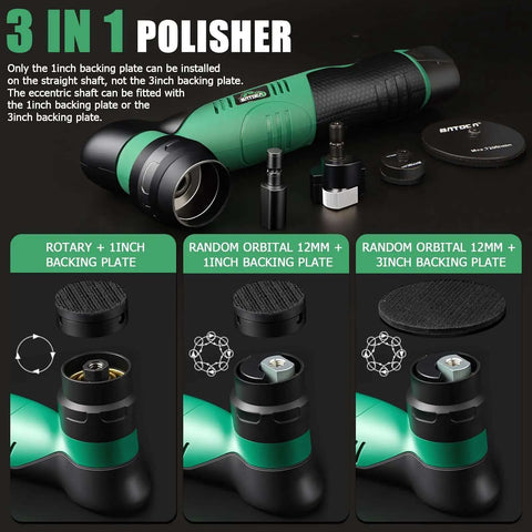 Cordless Car Buffer Polisher Kit With Dual Action And Rotary Modes, 1 inch and 3 inch heads, showing rotary and orbital modes