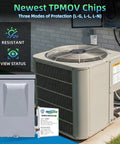 Heavy Duty Whole House HVAC Surge Protector 120/240V With TPMOV Technology alongside outdoor HVAC unit in daylight