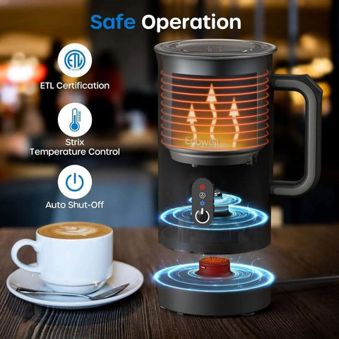 4 In 1 Automatic Milk Frother And Steamer For Coffee Lovers Hot Chocolate Maker Warm And Cold Foam For Lattes Cappuccinos Macchiatos And More 8.1 Ounce 240 Milliliter Capacity One Touch Programs next to a cup of cappuccino