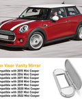 Sun Visor Vanity Mirror Cover for Mini Cooper Clubman and Countryman F55 F56 F60 2015 to 2022 3rd Gen Left or Right Side Gray Replacement Fits Perfectly Easy Install Durable ABS Plastic next to image of a red Mini Cooper car.