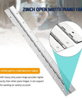 Two Pack One Eight Inch Stainless Steel Piano Hinges Heavy Duty Build With Pre Drilled Holes For Quick Snappy Setup Rust Proof Finish Built Tough Professional Jobs showing 2 inch continuous hinge detail.
