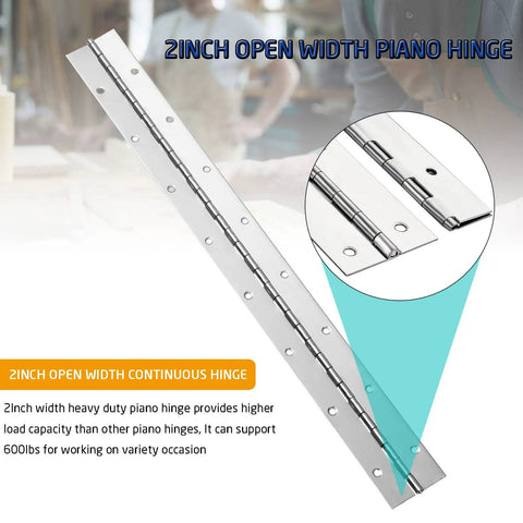 Two Pack One Eight Inch Stainless Steel Piano Hinges Heavy Duty Build With Pre Drilled Holes For Quick Snappy Setup Rust Proof Finish Built Tough Professional Jobs showing 2 inch continuous hinge detail.