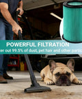 Person vacuuming with focus on Replacement VF6000 Filter For 5 To 20 Gallon Wet Dry Shop Vacuums Heavy Duty Five Layer Pro Grade Filter