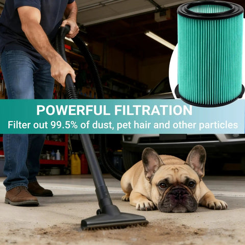 Person vacuuming with focus on Replacement VF6000 Filter For 5 To 20 Gallon Wet Dry Shop Vacuums Heavy Duty Five Layer Pro Grade Filter