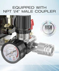Front view of Air Compressor Pressure Switch With Four Port Regulator Gauge 90-120 Psi Cut In Cut Out Easy To Install One Quarter Inch NPT Thread Beefy Durable Quick Connect Valve For DIY Projects And Pro Shops.