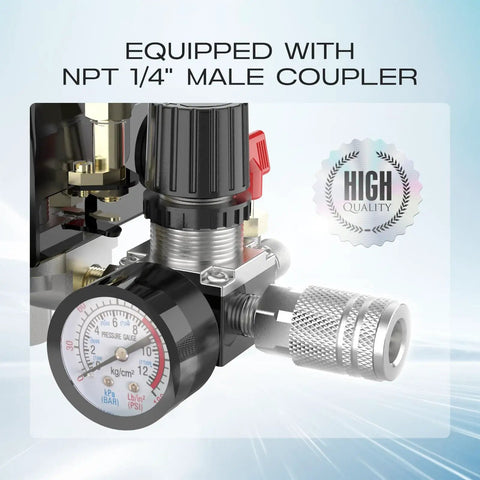 Front view of Air Compressor Pressure Switch With Four Port Regulator Gauge 90-120 Psi Cut In Cut Out Easy To Install One Quarter Inch NPT Thread Beefy Durable Quick Connect Valve For DIY Projects And Pro Shops.