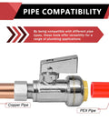 Close-up of 10 Pack 1/4 Turn Push Fit Straight Stop Valve Water Shut Off 1/2 Inch Push X 3/8 Inch Compression Chrome with Copper and PEX pipes.
