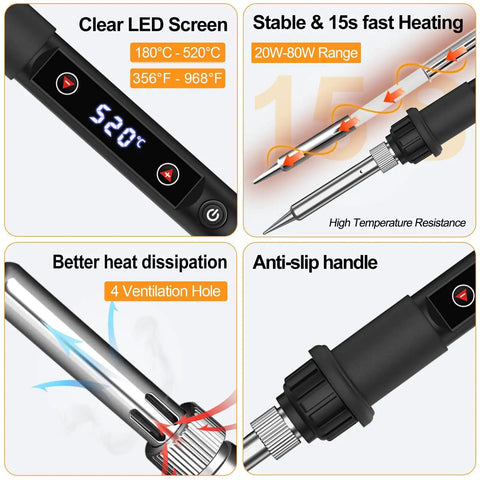 80W Soldering Gun Kit With LED Display Pro Grade Adjustable Temp From 356 To 968 F 180 To 520 C 15 Second Heat Up Energy Saving