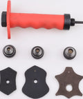 Pro Grade Leather Punch Set With 13 Hollow Punch Heads includes punch shaft, tools, and leather pieces for crafting projects.