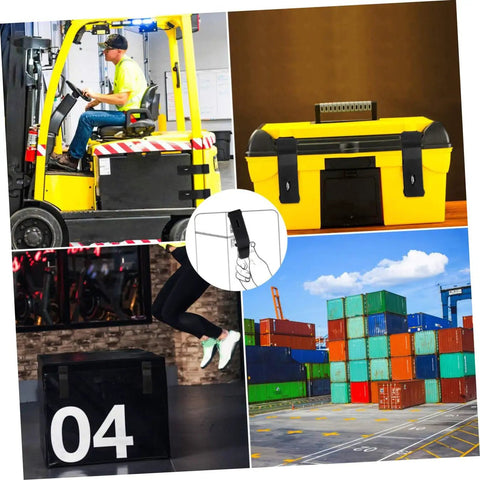 Collage featuring 2 Pack Rubber Draw Latch Replacement For Boat Compartments And More Flexible Hook Lock Easy Install Durable Marine Cabinet And Drawer Latch For Applications Dockside Ready highlighted on a yellow toolbox, forklift, and shipping containers.