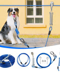 Built Tough 50 Ft Dog Aerial Zipline With Double Shock Absorption for Large Dogs shown in use with blue components and accessories.