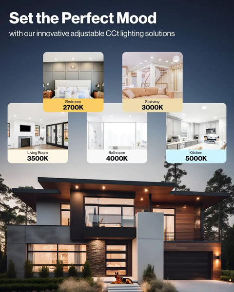 Modern house with lighting mood board featuring Six Pack 8 Inch Dope Ultra Thin LED Recessed Lights With Canless Smooth Trim And Junction Box.