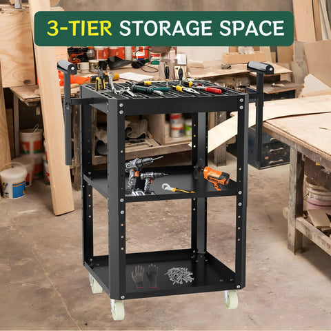 Heavy Duty Workhorse Rolling Planer Stand With Rock Solid 550 Lb Capacity Height Adjustable Workbench Table with 3-tier storage for tools.