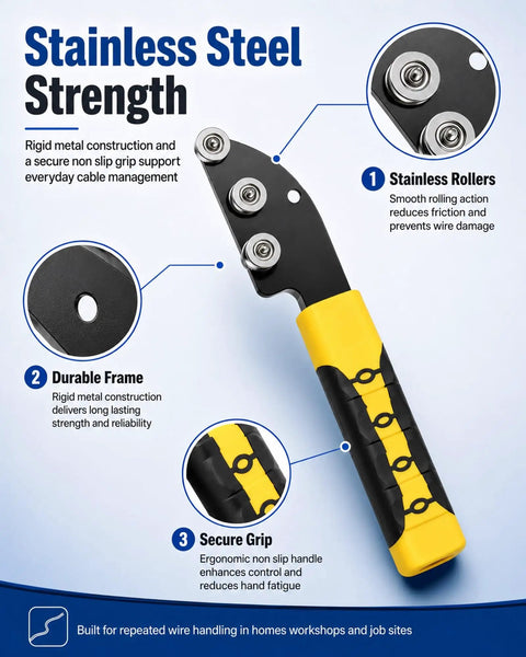 Close-up of Top Rated Manual Wire Straightener Tool Three Roller Stainless Steel Cable Bending Device with ergonomic grip.