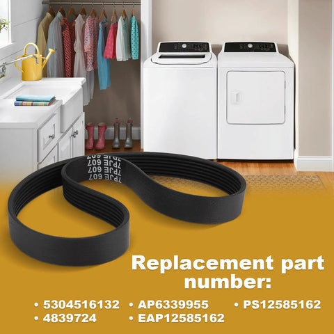 Washer Drive Belt 7PJE607 5304516132 Replacement For Select Front Load Washers Fits MLV Series CTW Models Easy Install Durable Belt For Smooth Spin And Long Lasting Performance black washer drive belt shown with front-load washer