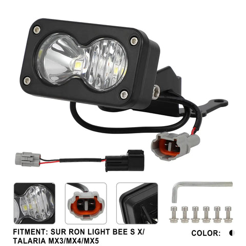 High Output LED Headlight Bar For Sur Ron Light Bee X S LBS LBX And Taparia Sting MX3 MX4 MX5 Pro Electric Dirt Bikes With Beefed Up 6000-6500K Cool White Beam For Night Rides, shown with wiring and mounting accessories.