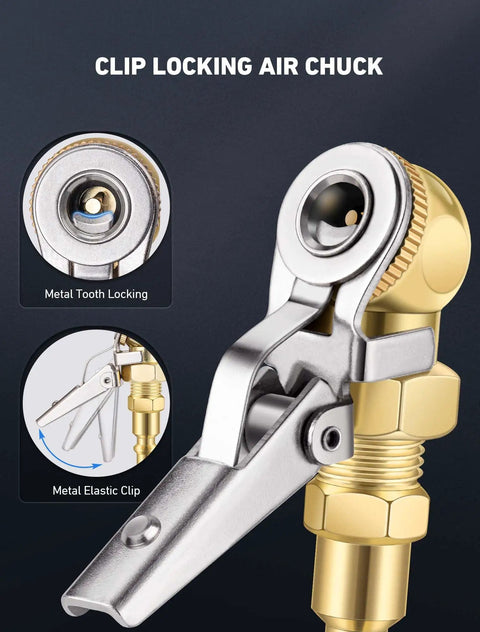 Closed Ball Tire Air Chuck With Clip-On, 0.25 Inch FNPT, And 360 Degree Swivel Quick Plug For Fast Tire Inflation, Car And Truck Use, Durable Clip-On Chuck That Keeps Hoses From Twisting, metal tooth locking chuck