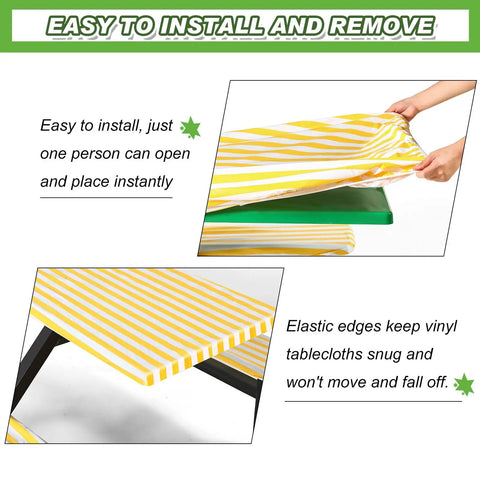 Installing Stripe Picnic Table Cover Set With Bench Covers 72 X 30 Inch Fitted Waterproof Vinyl Tablecloth For 6 Ft Tables Elastic Edges