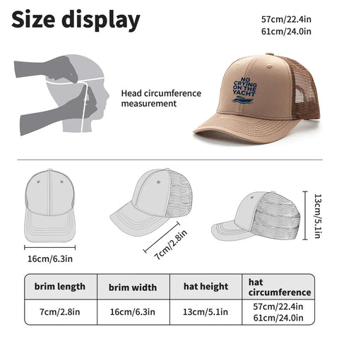 Size chart and dimensions of Boat Day Trucker Hat For Men And Women, Cool Breathable Athletic Cap, Unisex Outdoor Sun Hat.