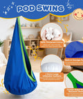All In One Sensory Swing With Stand And Pod Swing, blue pod with interior details, indoor setup with cushions and storage pocket.