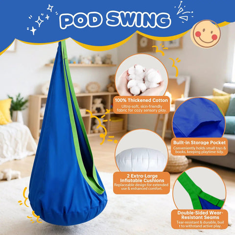 All In One Sensory Swing With Stand And Pod Swing, blue pod with interior details, indoor setup with cushions and storage pocket.