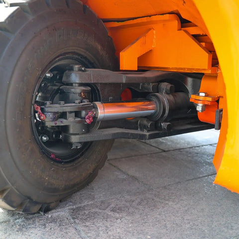 Close-up of the wheel assembly of Electric Pallet Stacker Heavy Duty Forklift 1 To 3 Ton Capacity Compact Design for material handling.