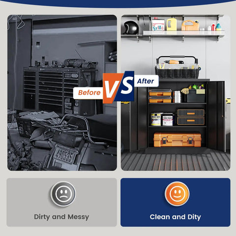 Before and after image showing a messy garage versus an organized Heavy Duty Steel Garage Storage Cabinet With Two Doors And Adjustable Shelves Lockable File Counter Cabinet For Home Office Garage Gym School Black Tough As Nails For Busy Workshops And Home DIY Projects.