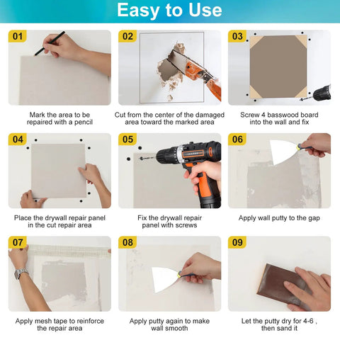 All In One Drywall Patch Kit For Large Holes With 12 By 12 Inch Repair Panel Spackle Mesh Tape Putty Knives And Sanding Block For Quick Wall And Ceiling Fix