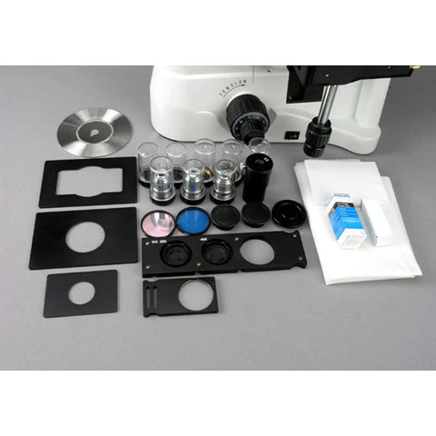 Inverted Trinocular Microscope With Long Working Distance And 40x-600x Magnification, WH10x Super Widefield Eyepieces Brightfield And Phase Contrast Objectives 30W Halogen Illumination, 0.3/0.5 NA Kohler Condenser, Mechanical Stage, 90-240V with accessory lenses and slides